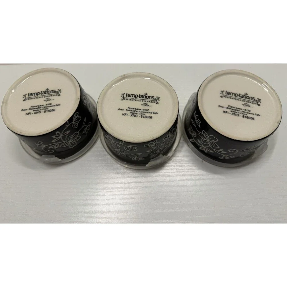 Set Of 3 temp-tations Presentable Ovenware Floral Lace 5 oz. with Lids 818052